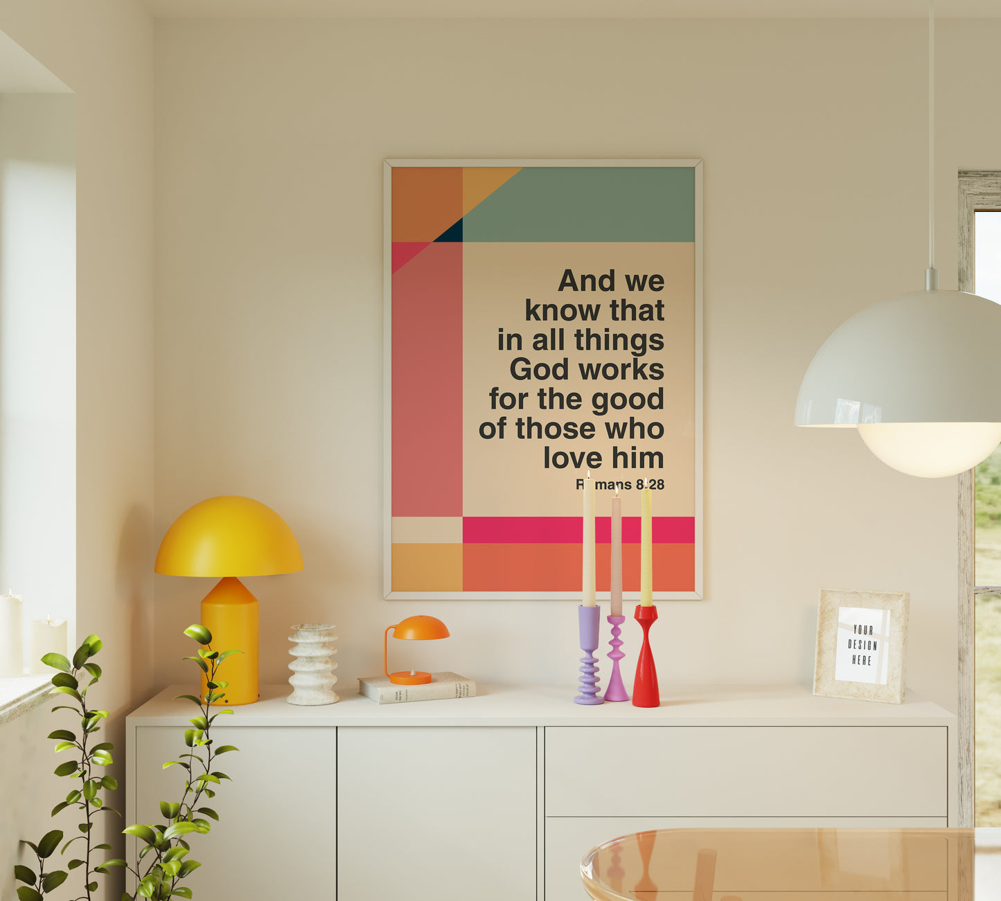 Romans 8 v 28 poster. In all things God works for the good of those who love him. Colourful Christian poster