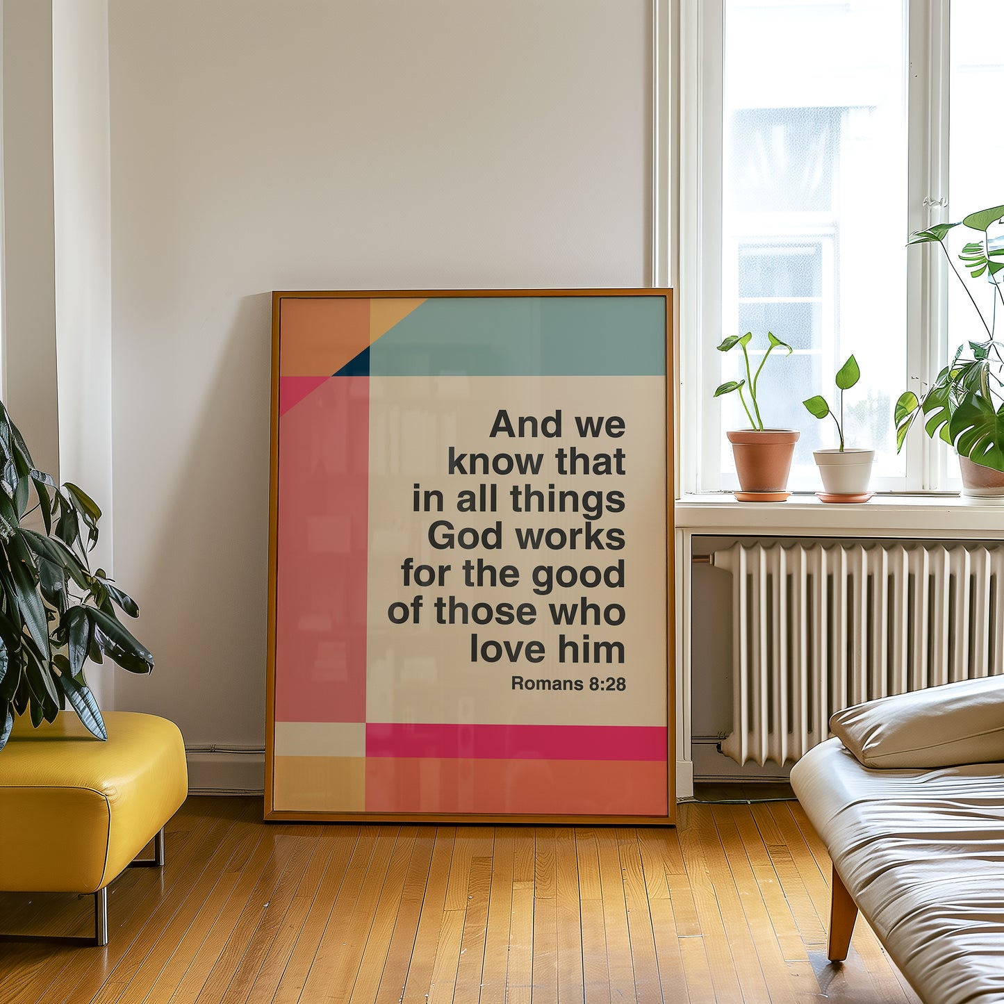 Romans 8 v 28 poster. In all things God works for the good of those who love him. Colourful Christian poster