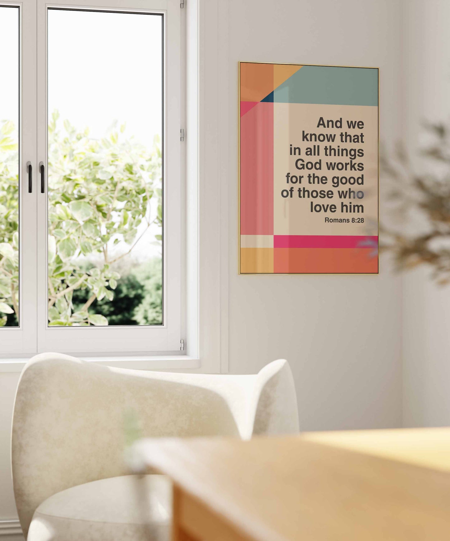 Romans 8 v 28 poster. In all things God works for the good of those who love him. Colourful Christian poster