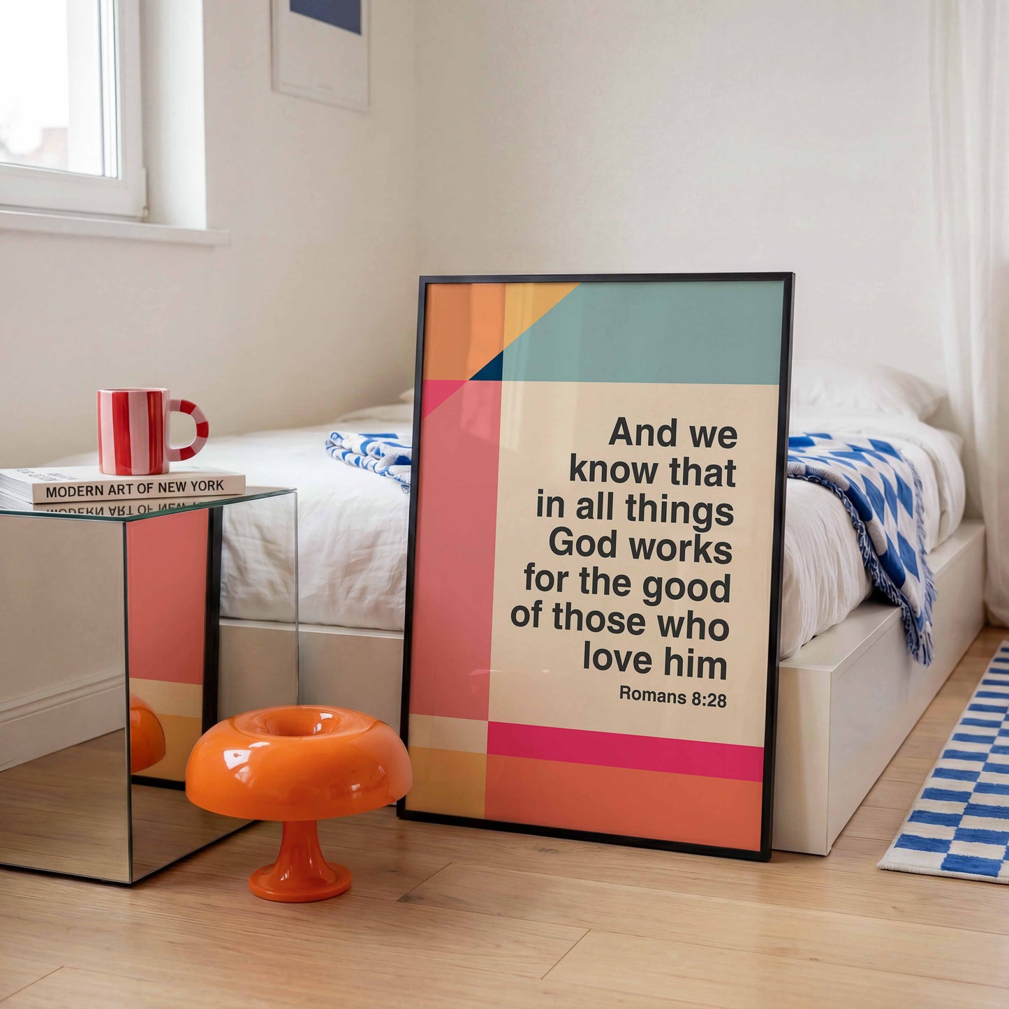 Romans 8 v 28 poster. In all things God works for the good of those who love him. Colourful Christian poster