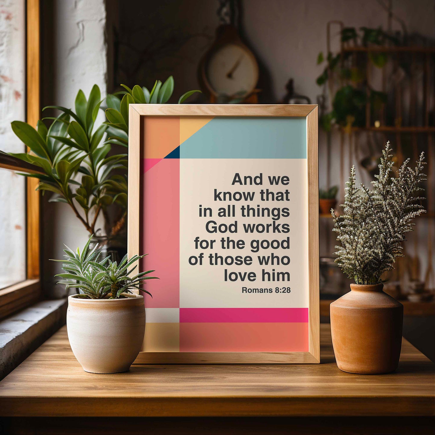 Romans 8 v 28 poster. In all things God works for the good of those who love him. Colourful Christian poster