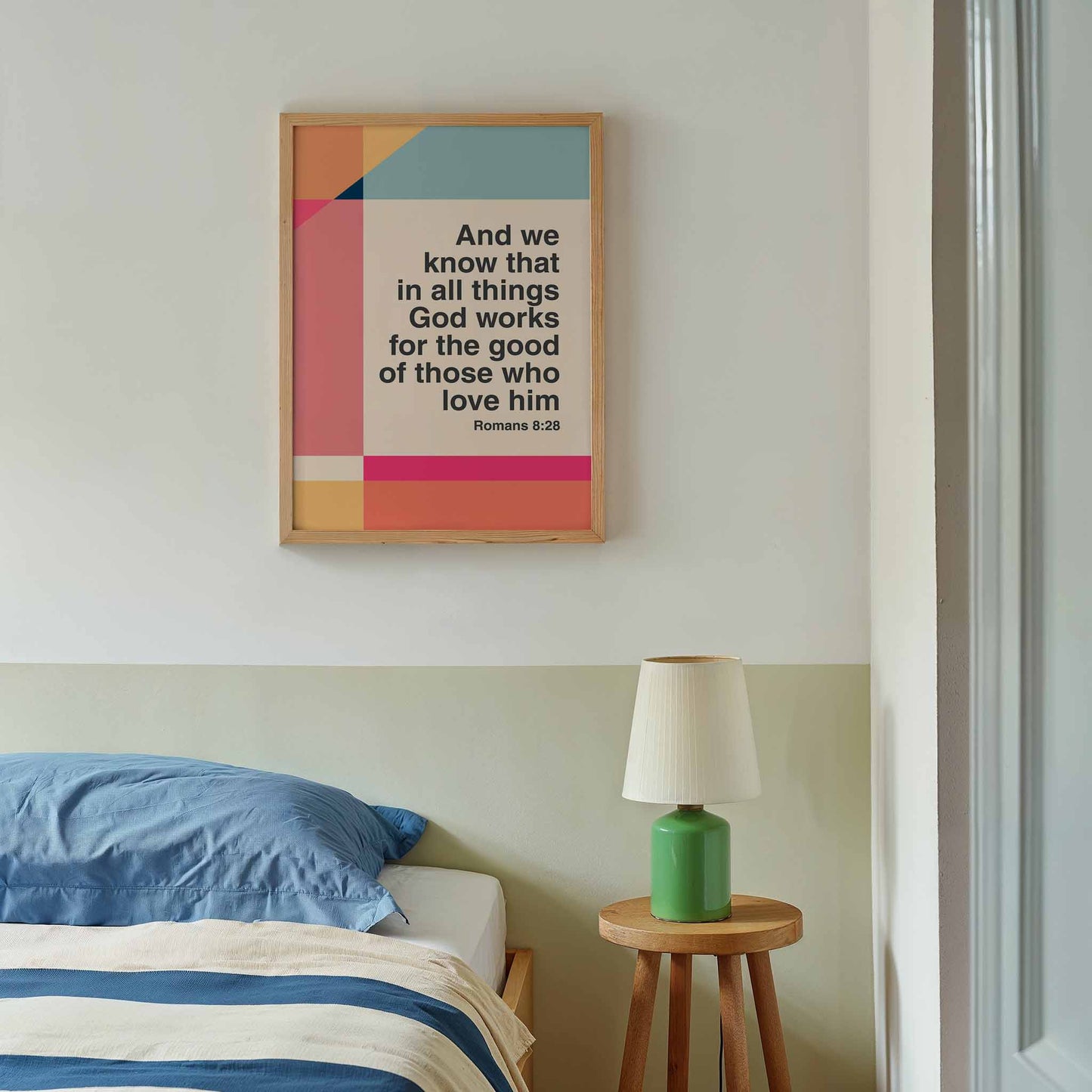 Romans 8 v 28 poster. In all things God works for the good of those who love him. Colourful Christian poster
