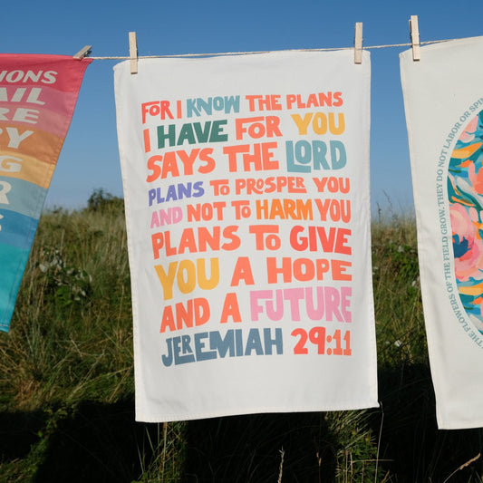 Organic cotton Christian tea towel. Jeremiah 29. For I know the plans I have for you