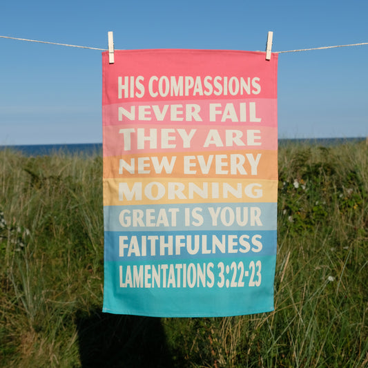 Organic cotton Christian tea towel. Lamentations 3. Great is your faithfulness.