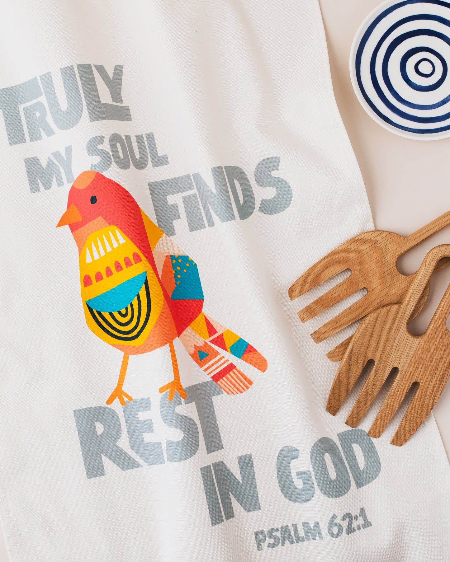 Organic cotton Christian tea towel. Truly my soul finds rest in God. Psalm 62 verse 1