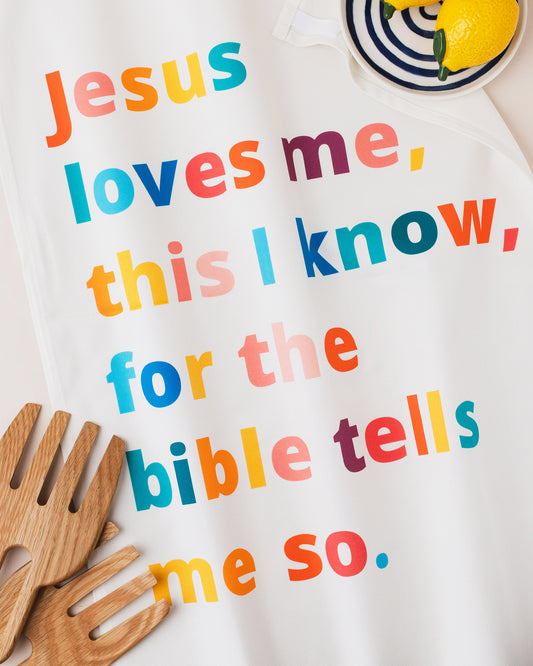 Jesus loves me tea towel