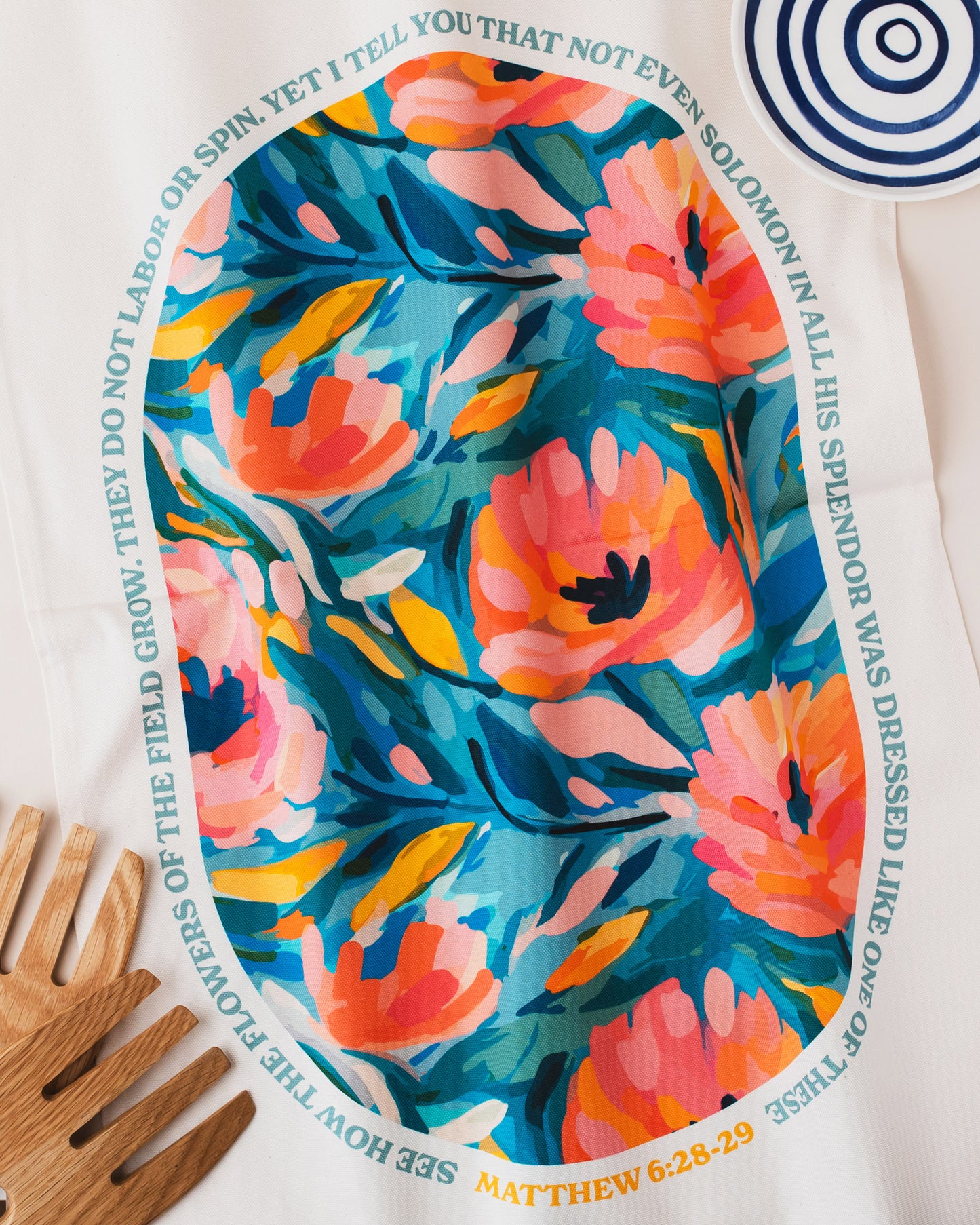 Organic cotton Christian tea towel. Matthew 6. Look at the flowers.