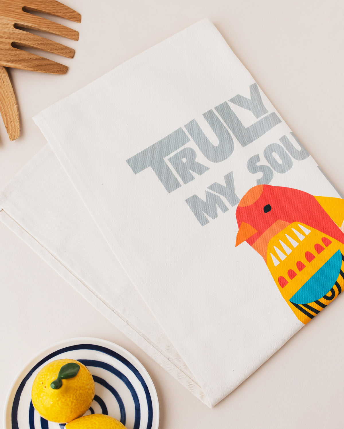Organic cotton Christian tea towel. Truly my soul finds rest in God. Psalm 62 verse 1