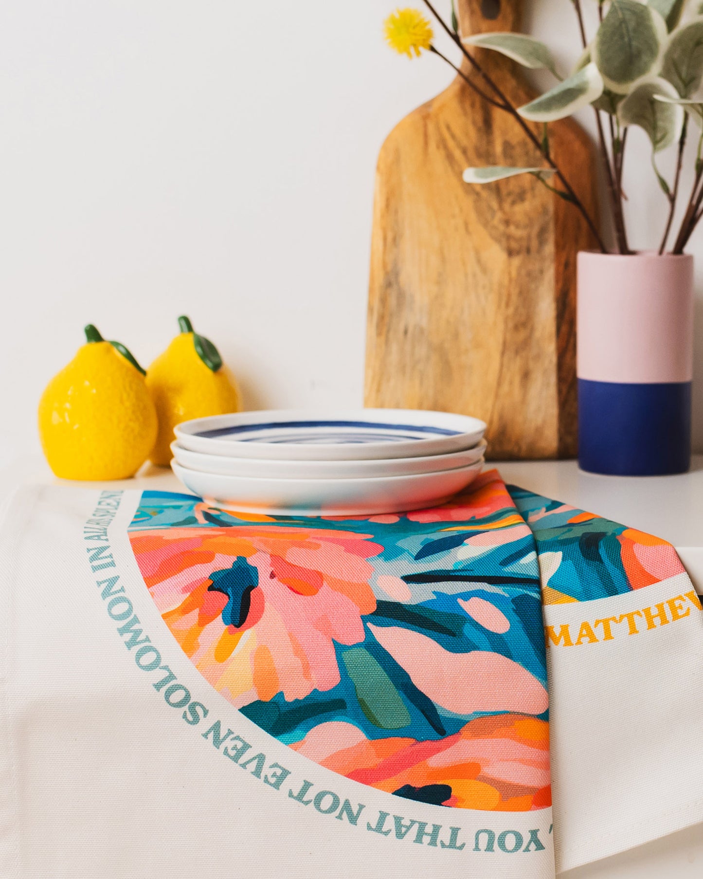 Organic cotton Christian tea towel. Matthew 6. Look at the flowers.