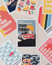 A collection of colorful postcards featuring modern bible verses and inspirational quotes arranged on a light background.