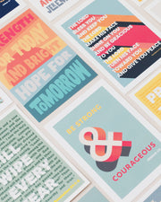 Colorful postcards featuring modern bible verses and inspirational quotes, arranged in a grid pattern.