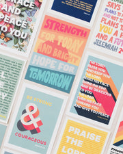 Colorful postcards featuring modern bible verses and inspirational quotes, ideal for wall art or gifts.
