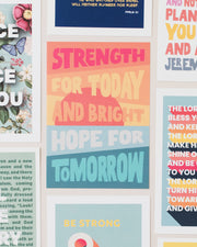 Collection of colorful postcards featuring modern bible verses and inspirational quotes on a light background.