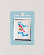 Fridge magnet featuring the text 'Truly my soul finds rest in God' with colorful design on a blue background.