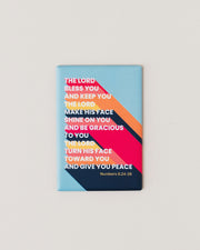 Magnet featuring a colorful design with the text of Numbers 6:24-26, modern Christian art style.