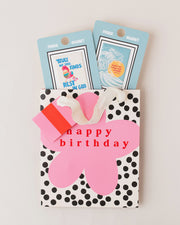 Birthday gift bag with a pink flower design, containing two fridge magnets featuring scripture verses.