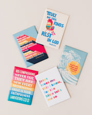 Set of five colorful magnets featuring inspirational Christian quotes and scripture verses.