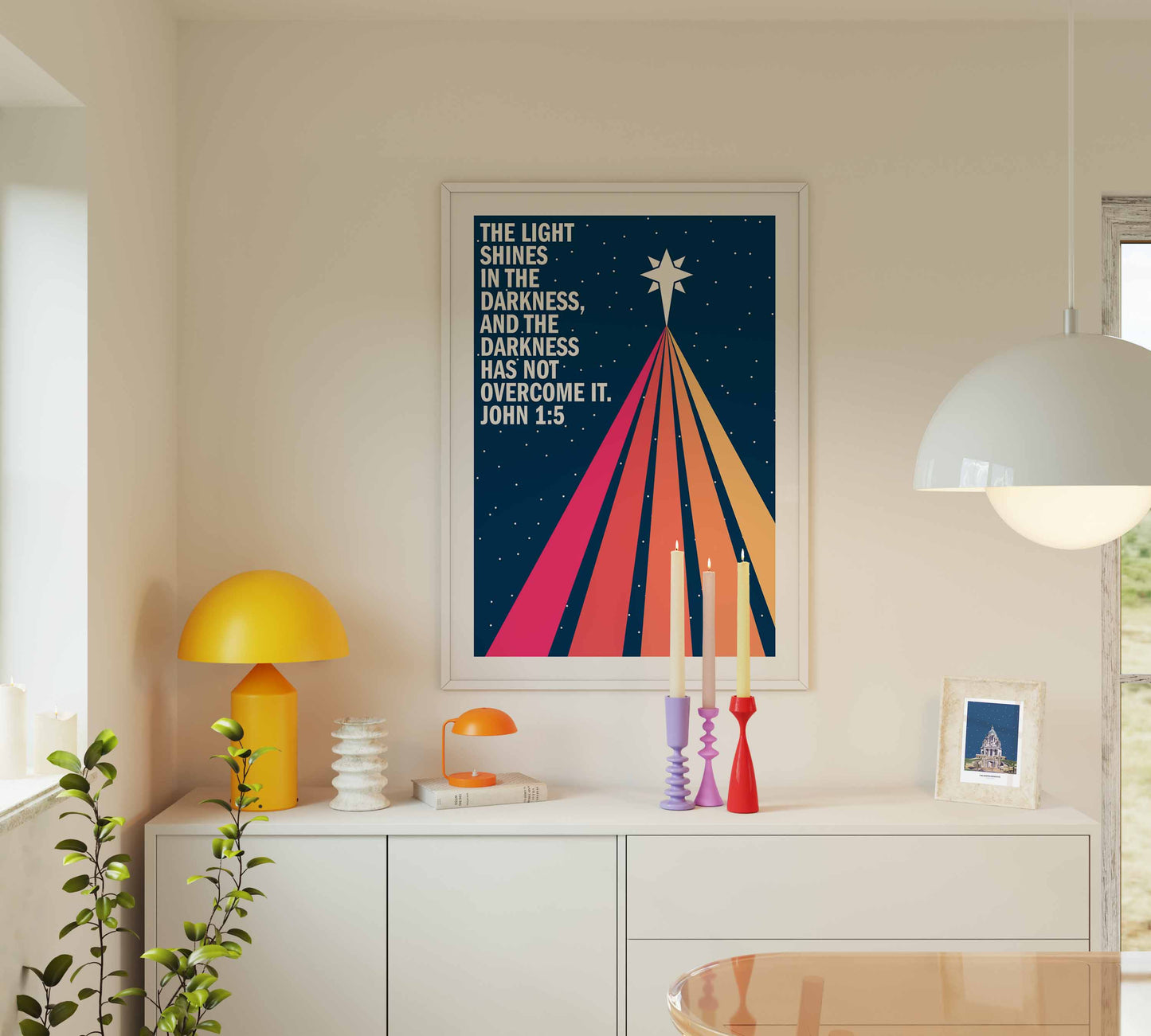 The light shines in the darkness. John 1 verse 5. Christian poster. Christmas wall art.