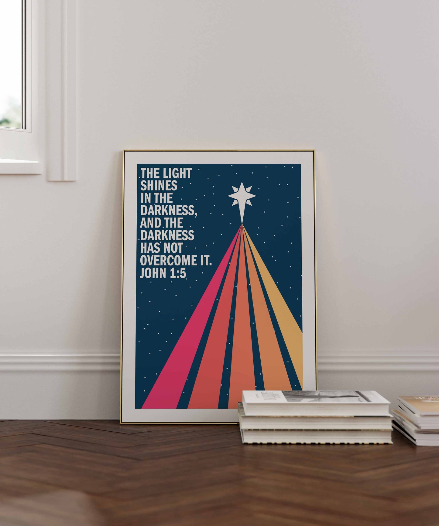 The light shines in the darkness. John 1 verse 5. Christian poster. Christmas wall art.
