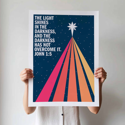 The light shines in the darkness. John 1 verse 5. Christian poster. Christmas wall art.