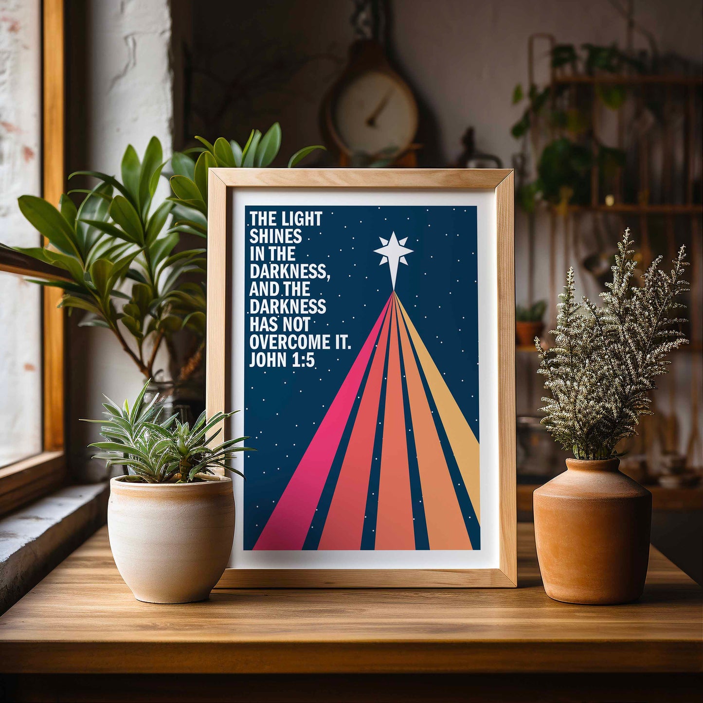 The light shines in the darkness. John 1 verse 5. Christian poster. Christmas wall art.