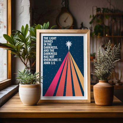 The light shines in the darkness. John 1 verse 5. Christian poster. Christmas wall art.