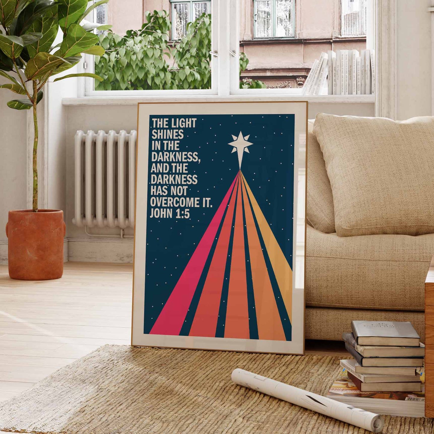 The light shines in the darkness. John 1 verse 5. Christian poster. Christmas wall art.