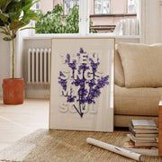 Poster featuring the text 'Then sings my soul' in purple flowers, framed and displayed in a cozy room.