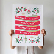 Poster featuring the text 'Wonderful Counsellor, Almighty God, Everlasting Father, Prince of Peace' with decorative elements.