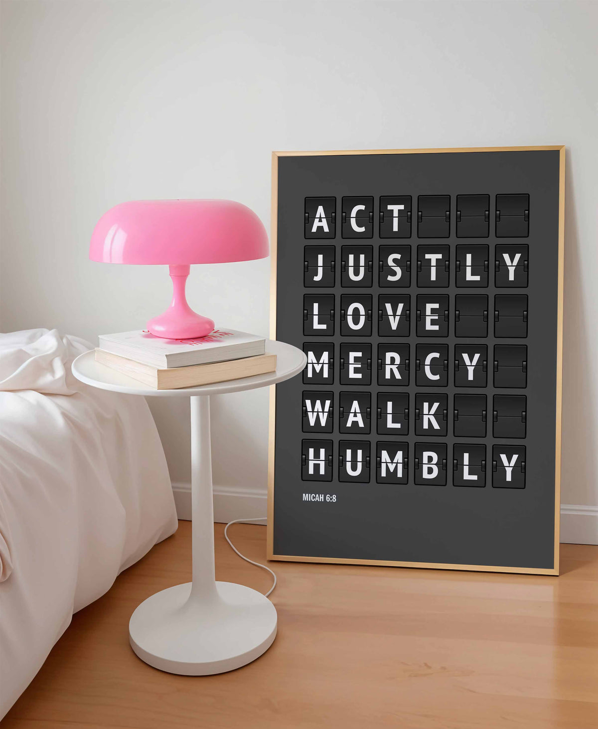 Act justly, love mercy, walk humbly — Micah 6:8 charcoal-grey flip-board poster, bible art mockup.