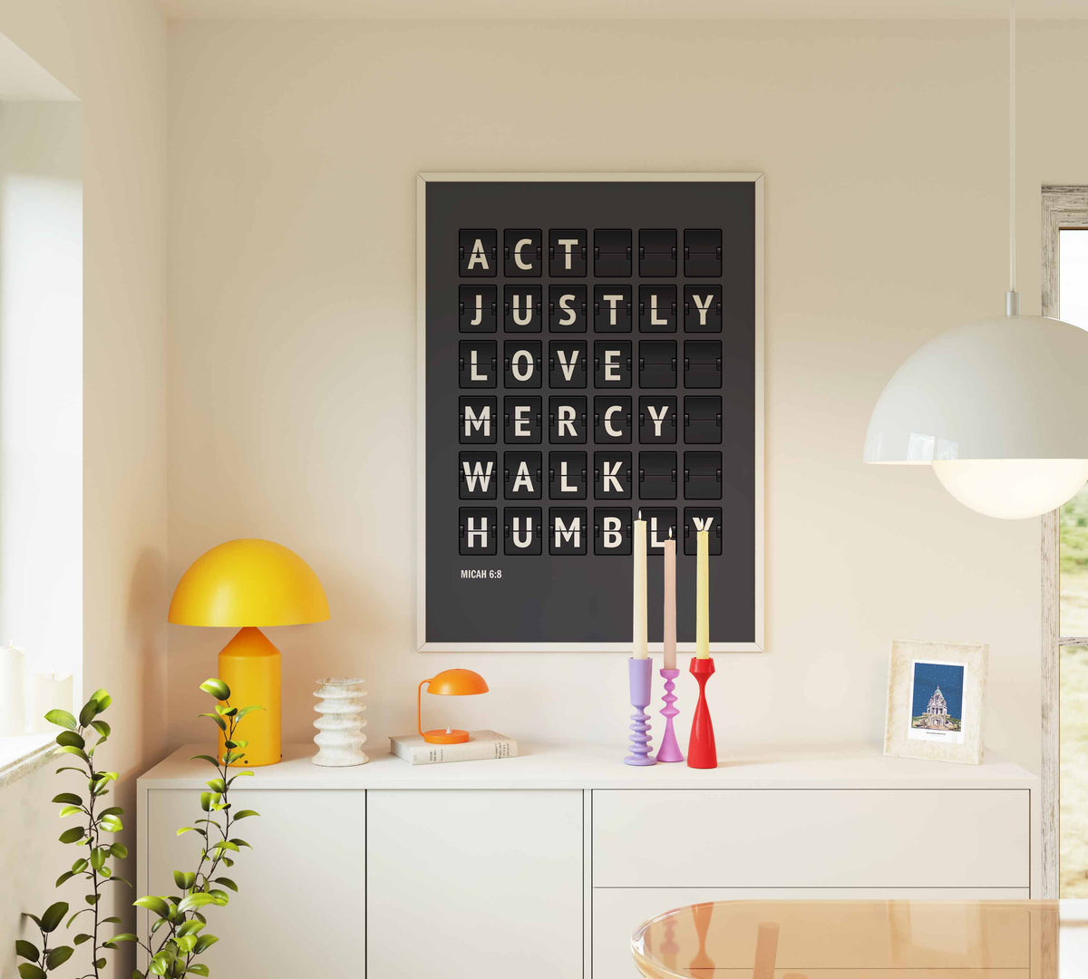 Act justly, love mercy, walk humbly — Micah 6:8 charcoal-grey flip-board poster, Bible decor mockup.