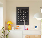 Act justly, love mercy, walk humbly — Micah 6:8 charcoal-grey flip-board poster, Bible decor mockup.
