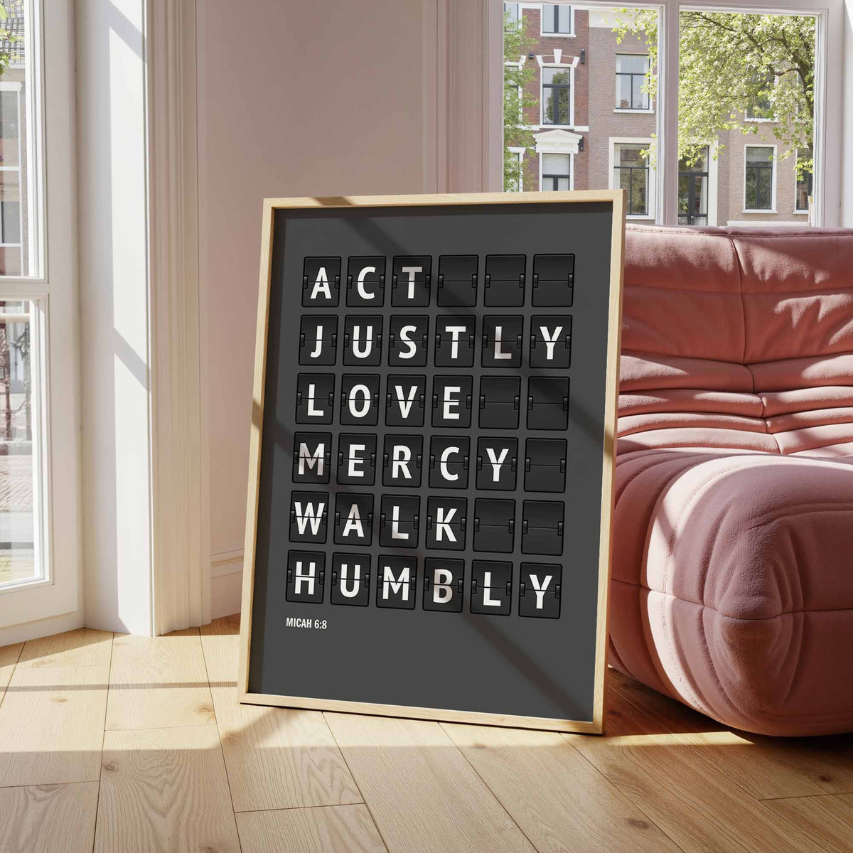 Act justly, love mercy, walk humbly — Micah 6:8 charcoal-grey flip-board poster, bible verse pictures mockup.