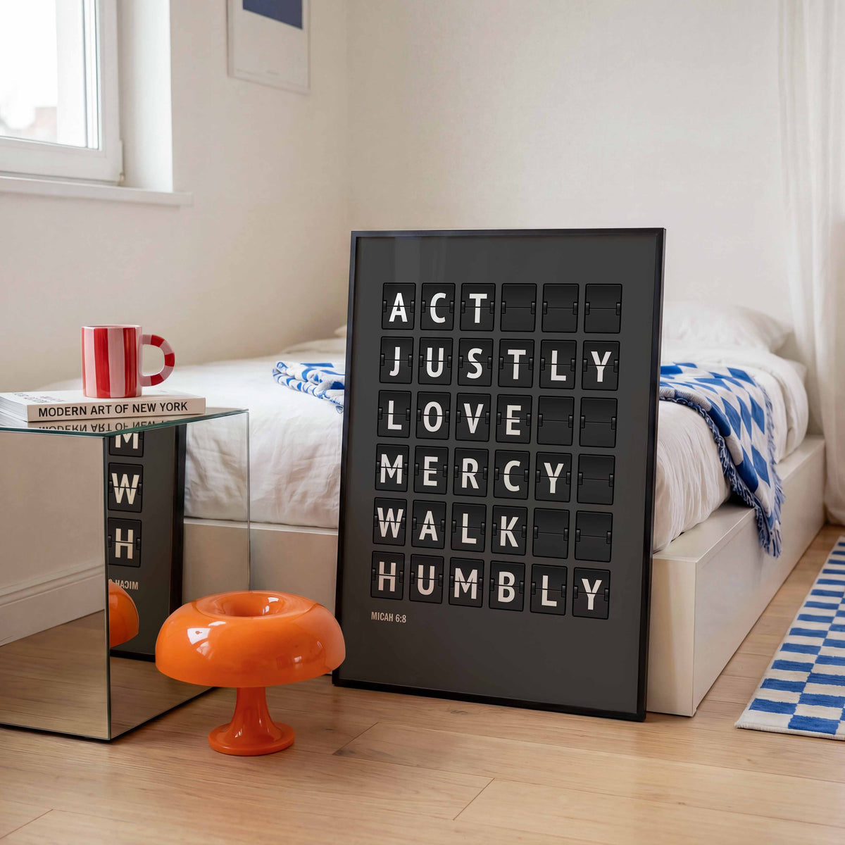 Act justly, love mercy, walk humbly — Micah 6:8 charcoal-grey flip-board poster, catholic art mockup.