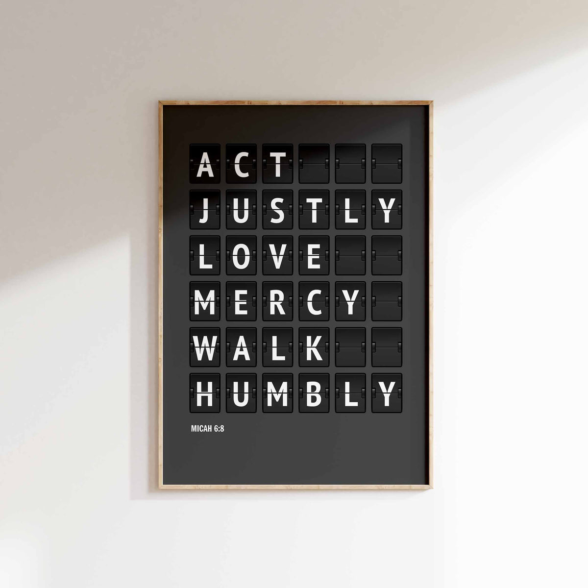 Act justly, love mercy, walk humbly — Micah 6:8 charcoal-grey flip-board poster, Christ gift mockup.