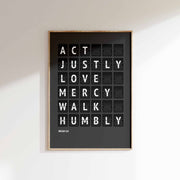 Act justly, love mercy, walk humbly — Micah 6:8 charcoal-grey flip-board poster, Christ gift mockup.