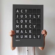 Act justly, love mercy, walk humbly — Micah 6:8 charcoal-grey flip-board poster, christian gifts mockup.
