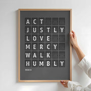 Act justly, love mercy, walk humbly — Micah 6:8 charcoal-grey flip-board poster, Christian merchandise mockup.