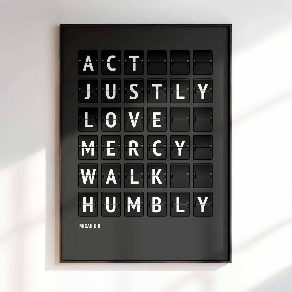 Act justly, love mercy, walk humbly — Micah 6:8 charcoal-grey flip-board poster, Christian pictures mockup.