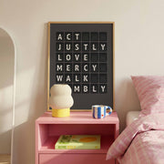 Act justly, love mercy, walk humbly — Micah 6:8 charcoal-grey flip-board poster, cross wall decor mockup.