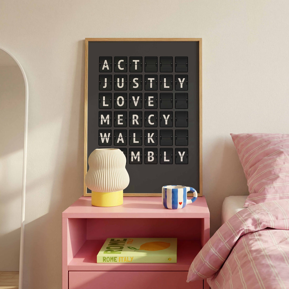 Act justly, love mercy, walk humbly — Micah 6:8 charcoal-grey flip-board poster, cross wall decor mockup.