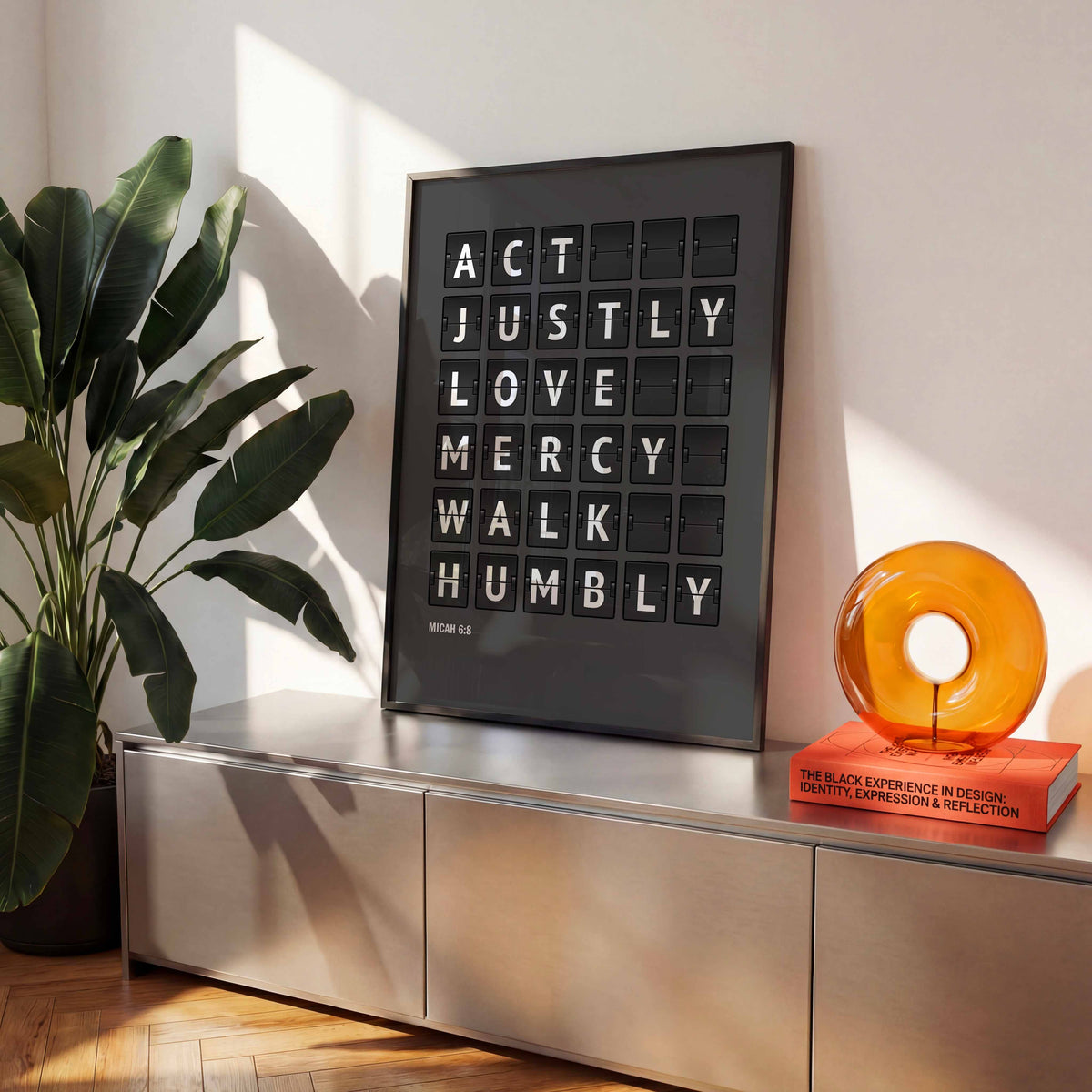 Act justly, love mercy, walk humbly — Micah 6:8 charcoal-grey flip-board poster, modern christian art mockup.