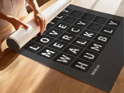 Act justly, love mercy, walk humbly — Micah 6:8 charcoal-grey flip-board poster, posters for churches mockup.