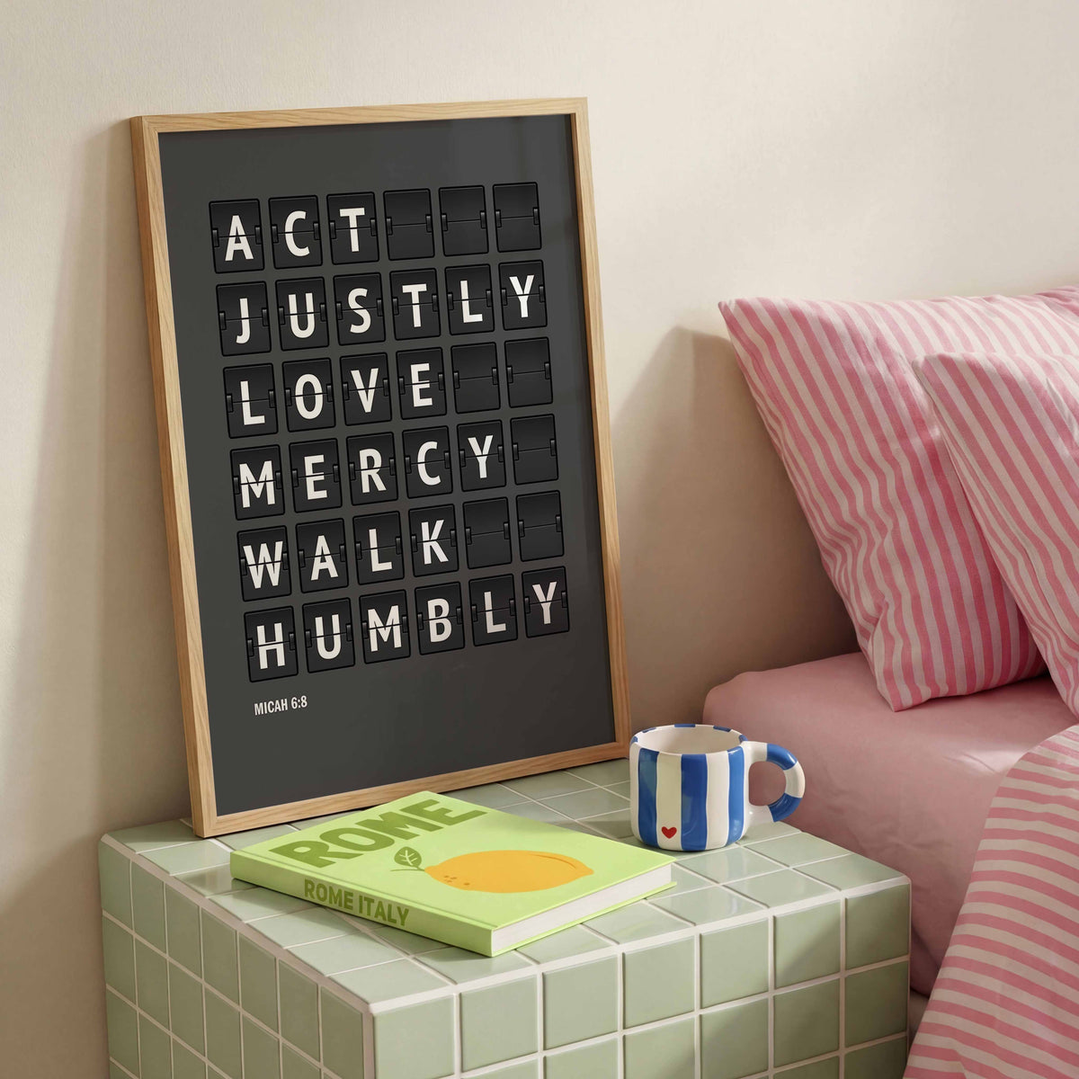 Act justly, love mercy, walk humbly — Micah 6:8 charcoal-grey flip-board poster, prayer room decor mockup.