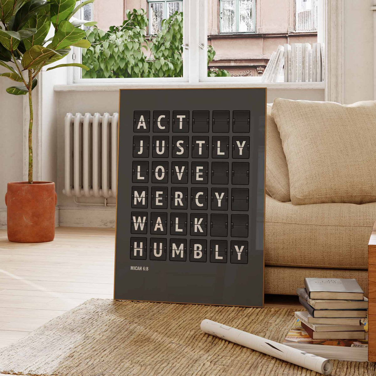 Act justly, love mercy, walk humbly — Micah 6:8 charcoal-grey flip-board poster, religious artwork mockup.