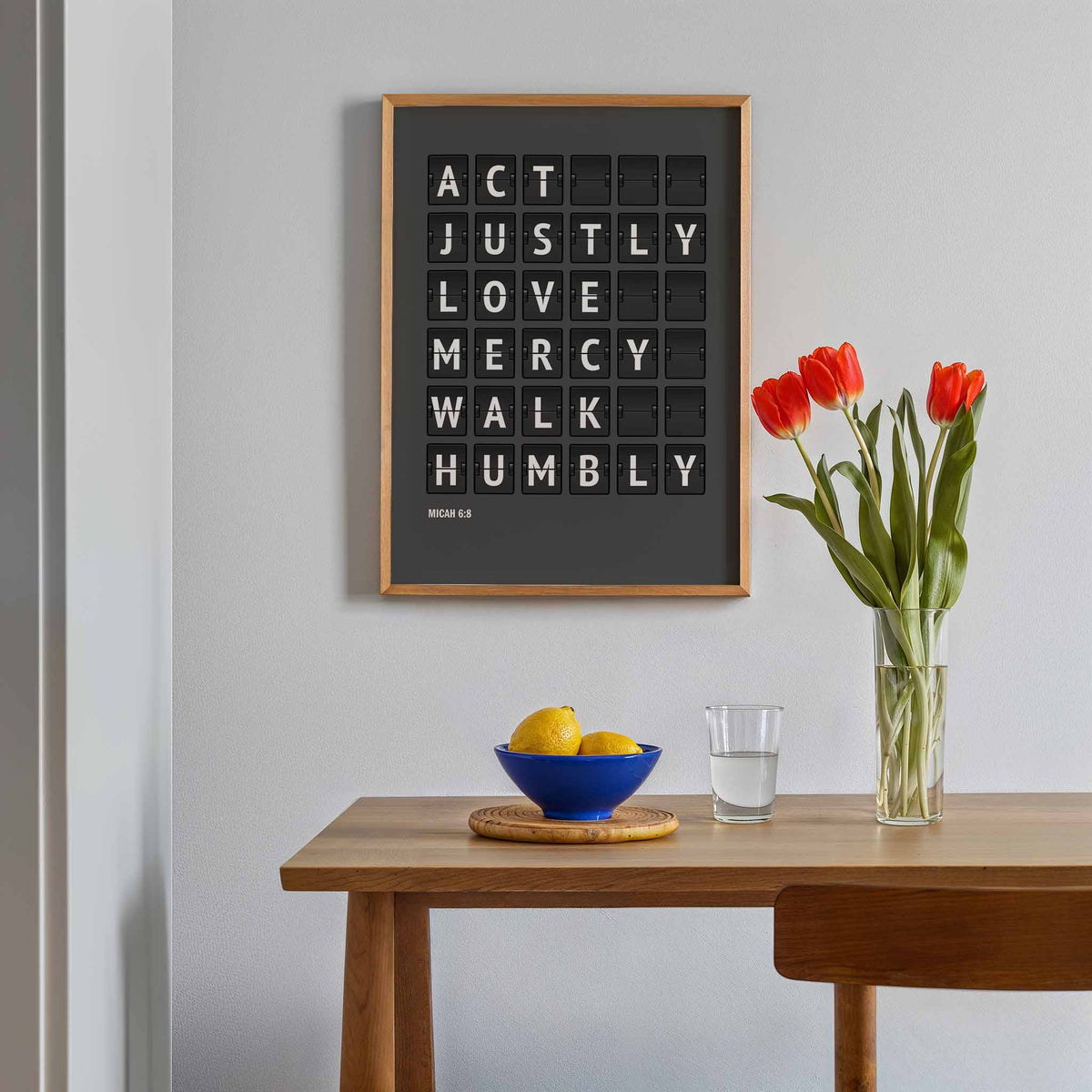 Act justly, love mercy, walk humbly — Micah 6:8 charcoal-grey flip-board poster, religious gifts mockup.