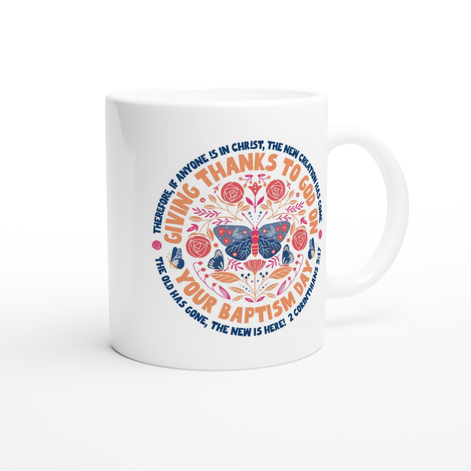 Modern colourful baptism mug with butterfly design and bible verse. Perfect for christian gifts. Bright and joyful.