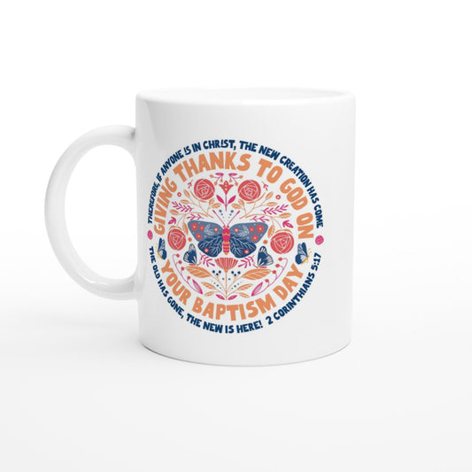 Modern colourful baptism mug with butterfly design and bible verse. Perfect for christian gifts. Bright and joyful.