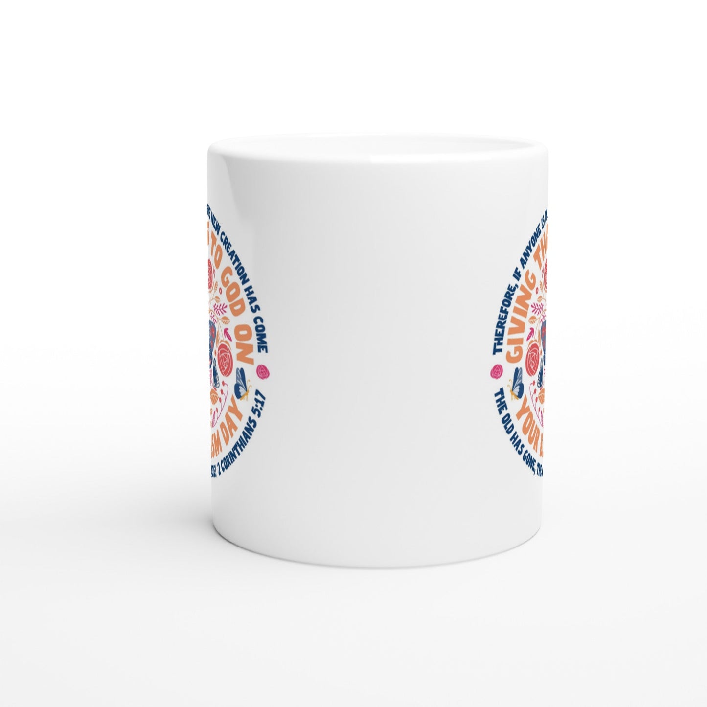 Modern colourful baptism mug with butterfly design and bible verse. Perfect for christian gifts. Bright and joyful.