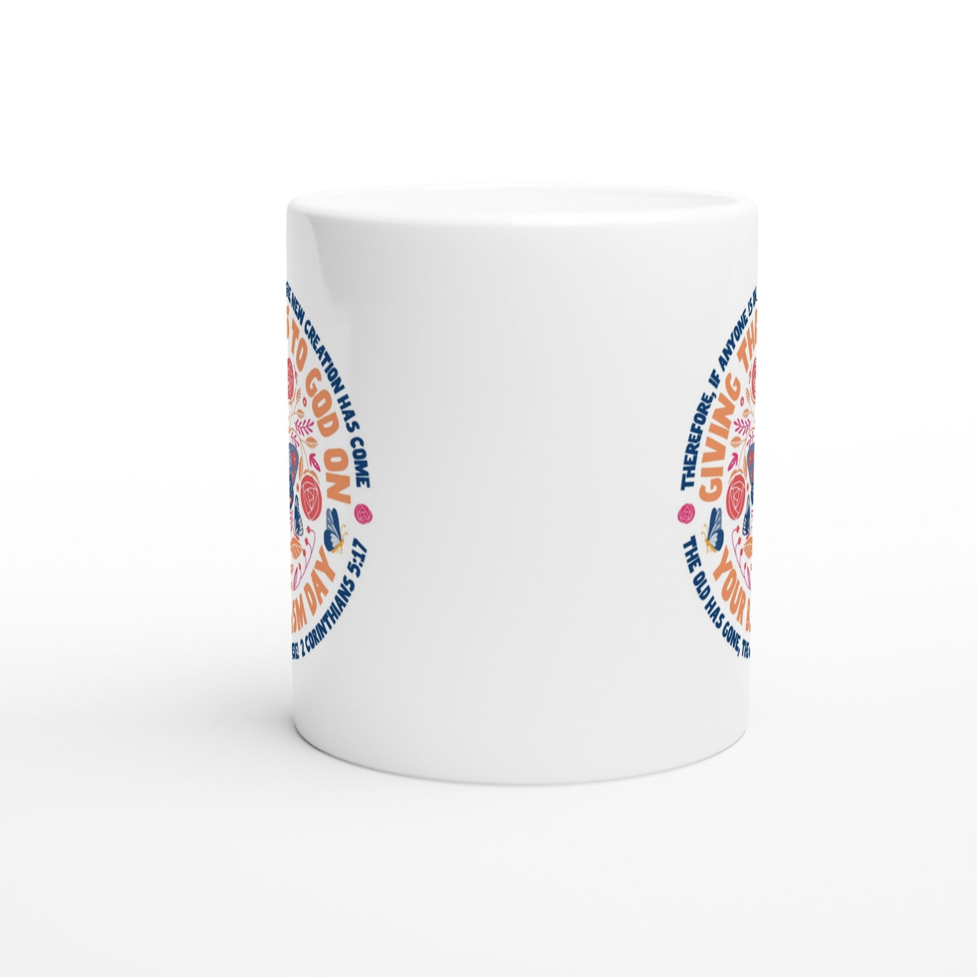 Modern colourful baptism mug with butterfly design and bible verse. Perfect for christian gifts. Bright and joyful.
